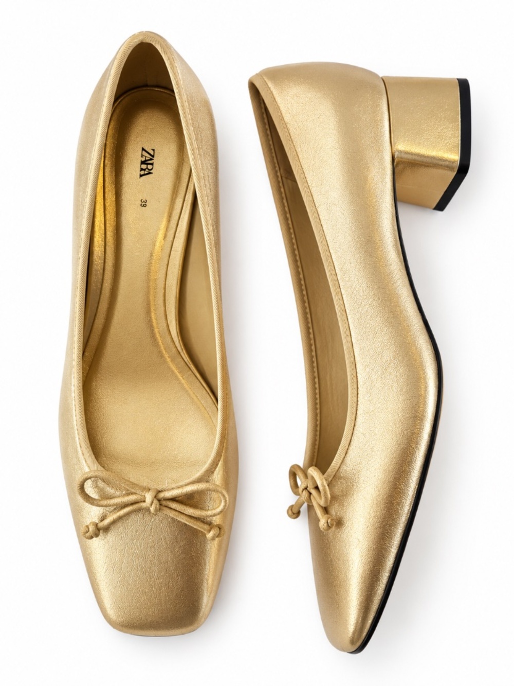 Zara gold metallic shoes 39/9 square toe bow square heel 1 1/2" holiday